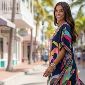 Roper Romp Navy Multicolor V-Neck Maxi Caftan Maxi Dress